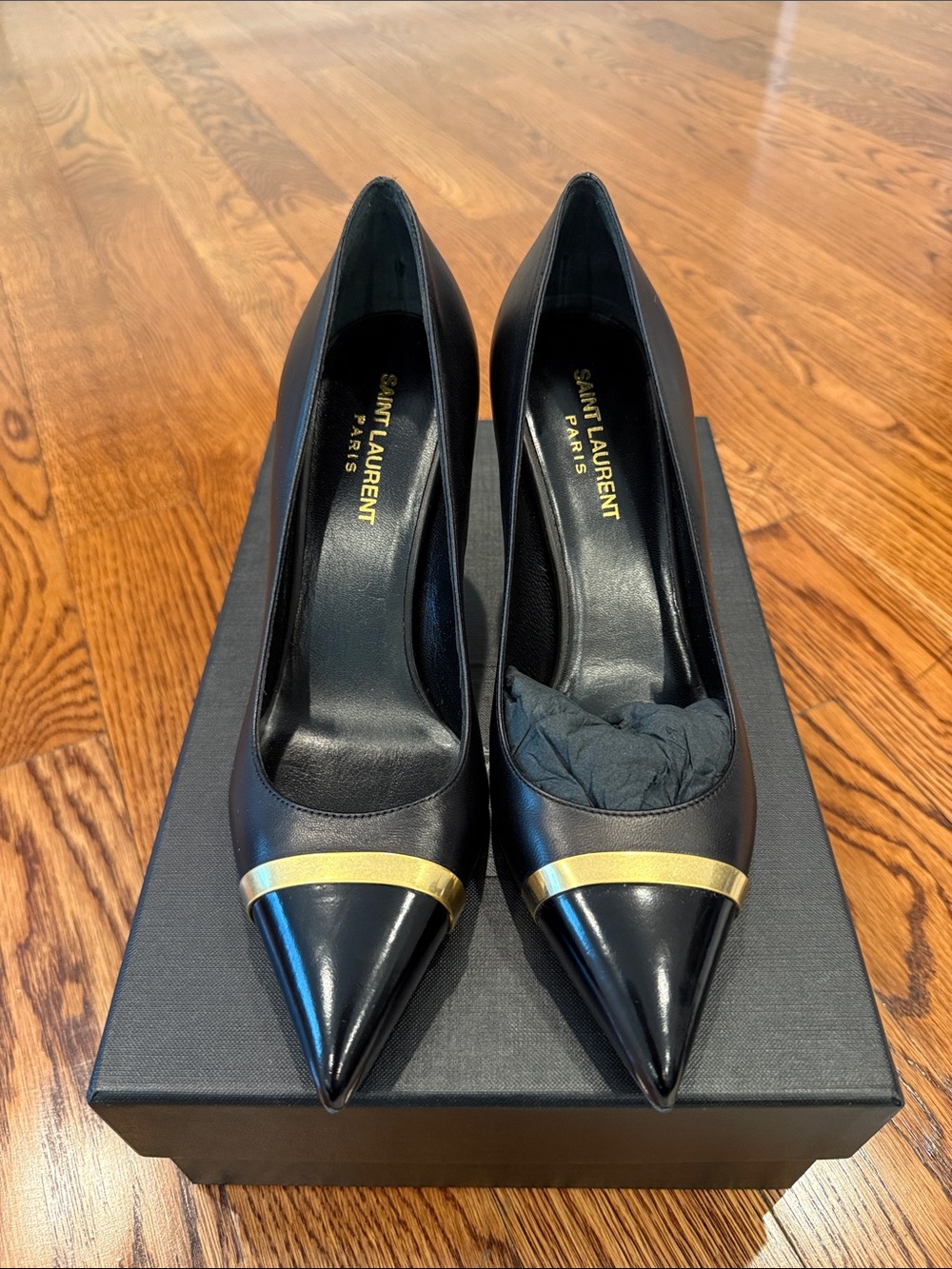 Saint Laurent Black Leather Pointed Pumps with Gold Band (BRAND NEW)